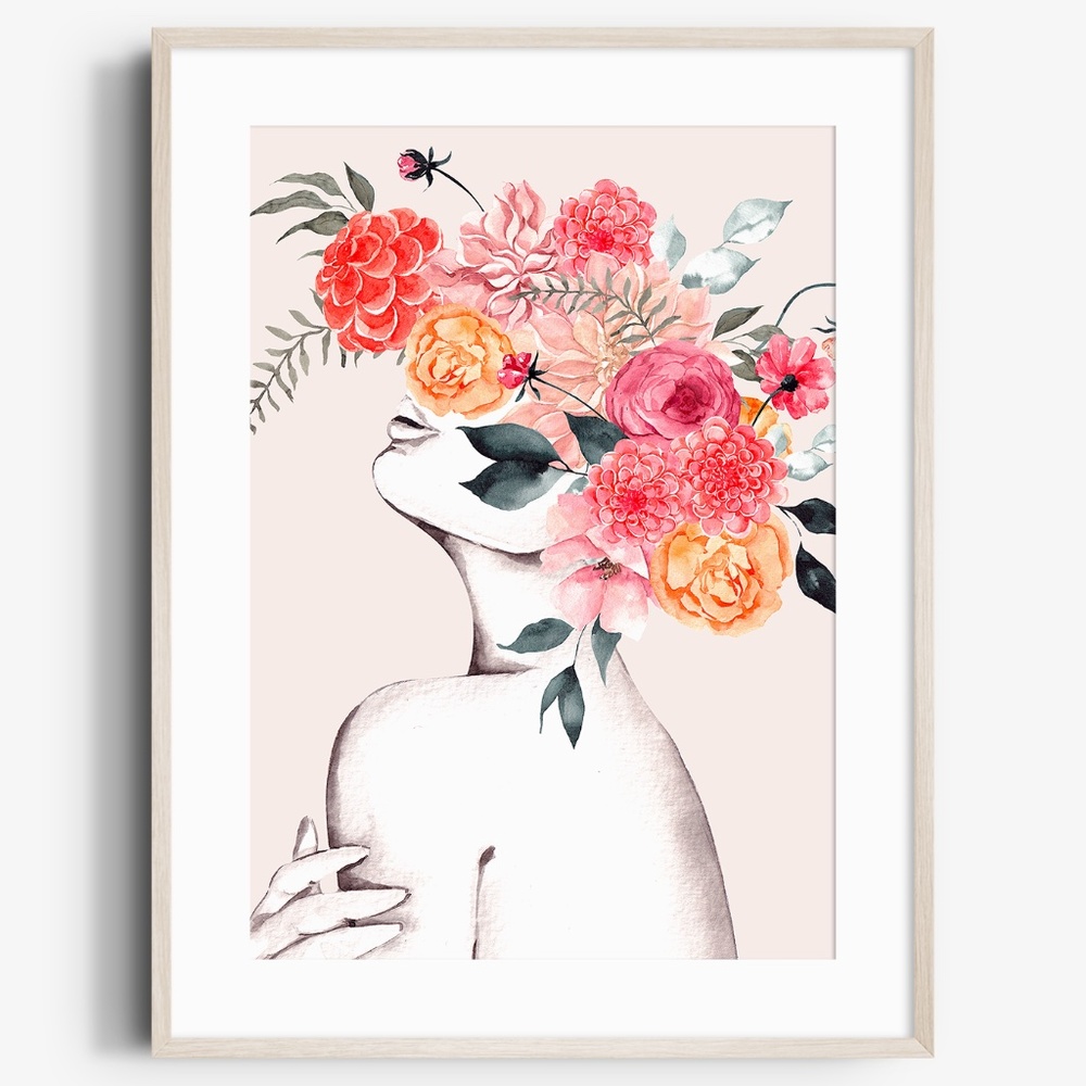 Watercolor Floral Woman Portrait Wall Art Illustration Print Poster Unframed